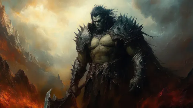 A spiked-armored warrior walks forward through ruined, overgrown city smoke and dramatic sunset clouds.