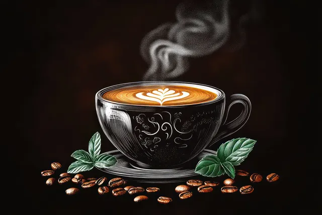 Steaming latte with latte art surrounded by coffee beans and green leaves on a dark background.