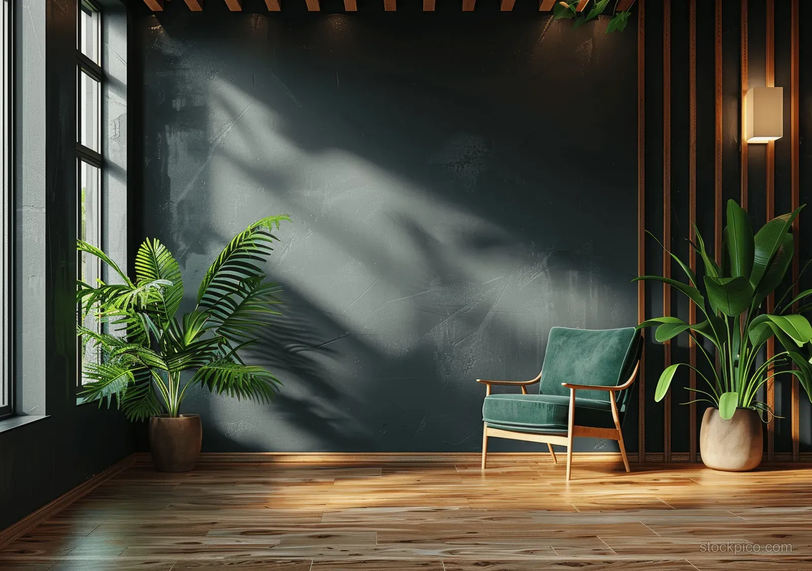Green armchair in a minimal living room with potted plants, a black slatted wall, and warm window light.