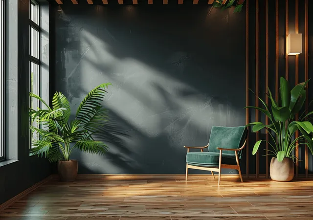 Green armchair in a minimal living room with potted plants, a black slatted wall, and warm window light.