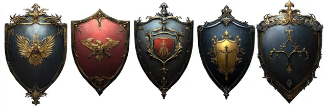 Five medieval heraldic shields with gold filigree and symbols like eagles and fleur-de-lis displayed on a white background.