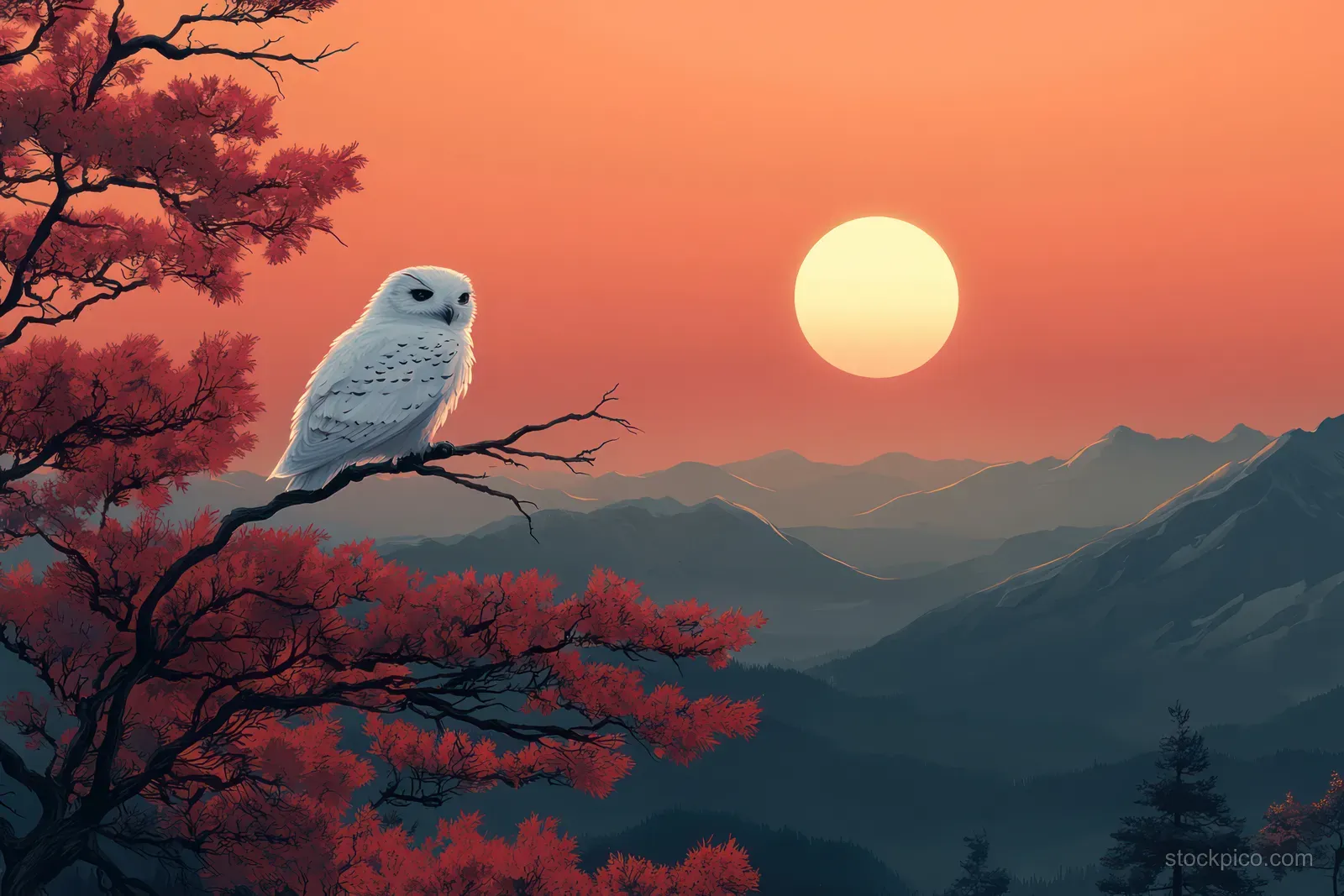 A snowy owl perches on a branch over misty mountains under a glowing twilight sun.