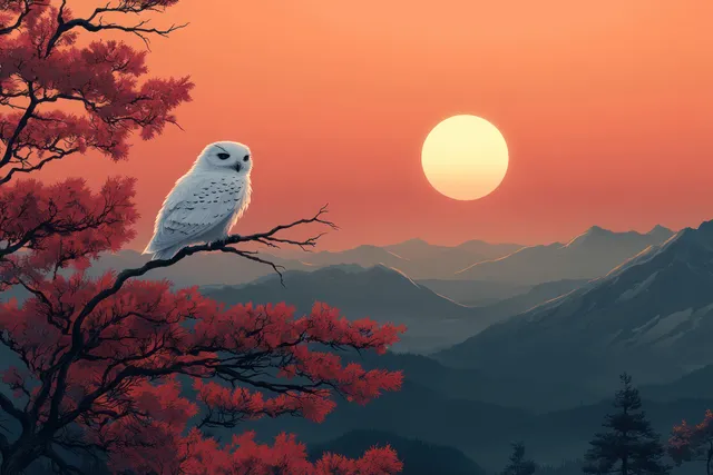 A snowy owl perches on a branch over misty mountains under a glowing twilight sun.