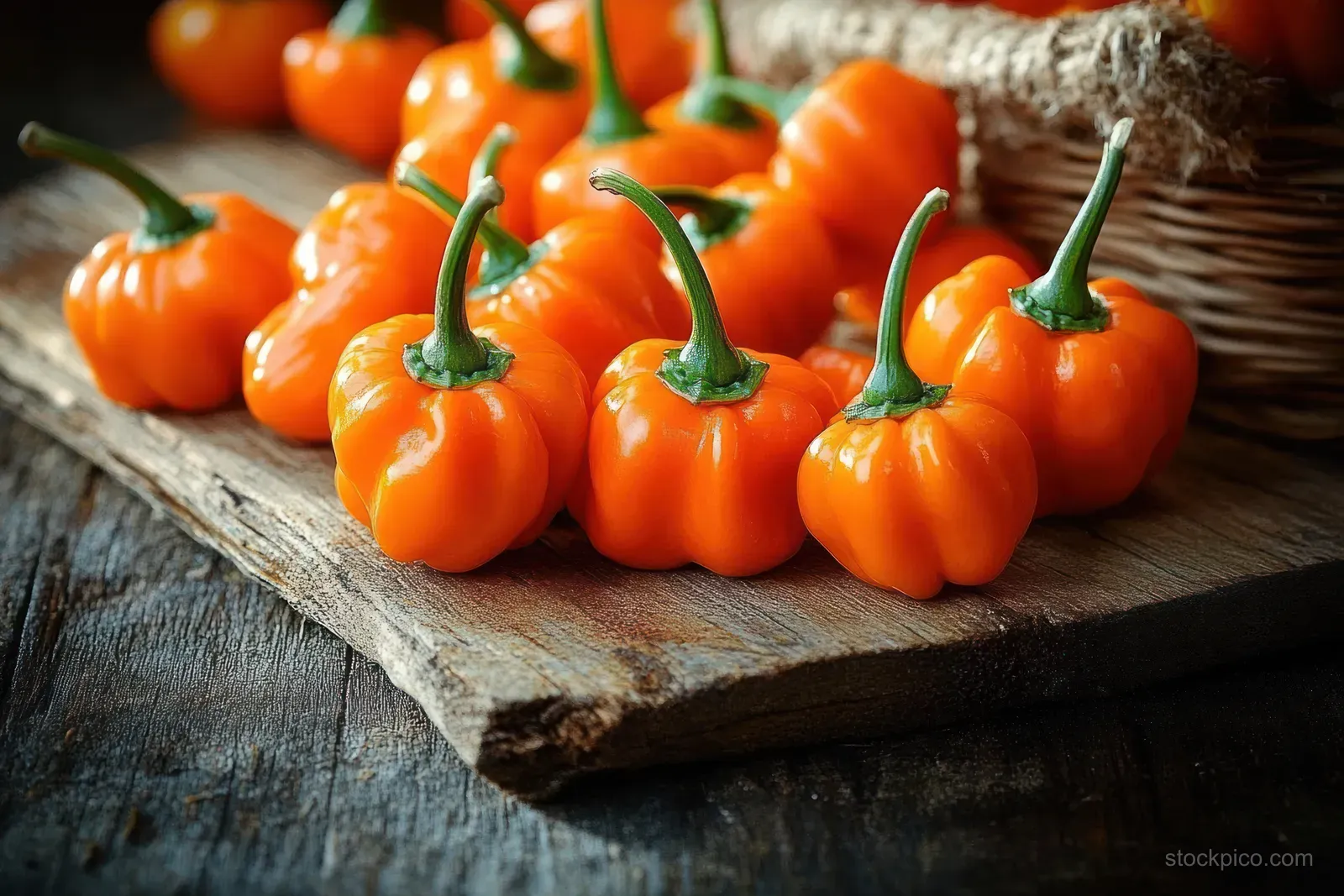 Orange habanero peppers scattered on a rustic wooden table with visible stems and soft sunlit shadows.