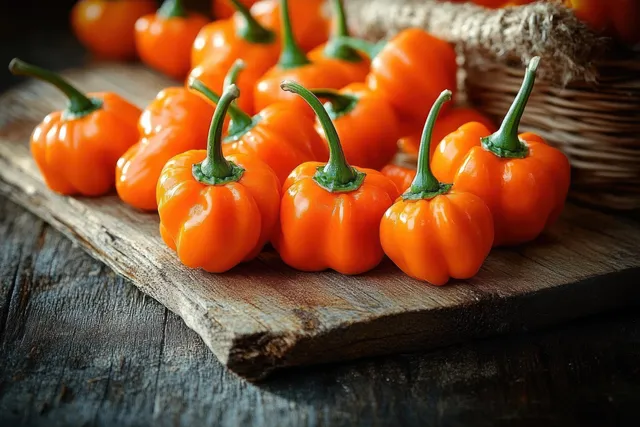 Orange habanero peppers scattered on a rustic wooden table with visible stems and soft sunlit shadows.