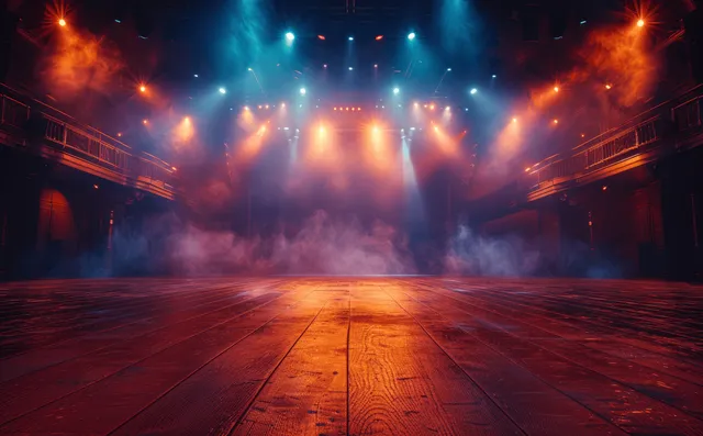Empty theater stage with spotlights, colored fog, and blue-orange light beams