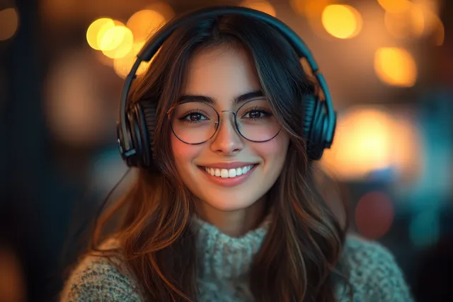 Smiling woman wearing over-ear headphones records a podcast in a cozy home office with warm lights.