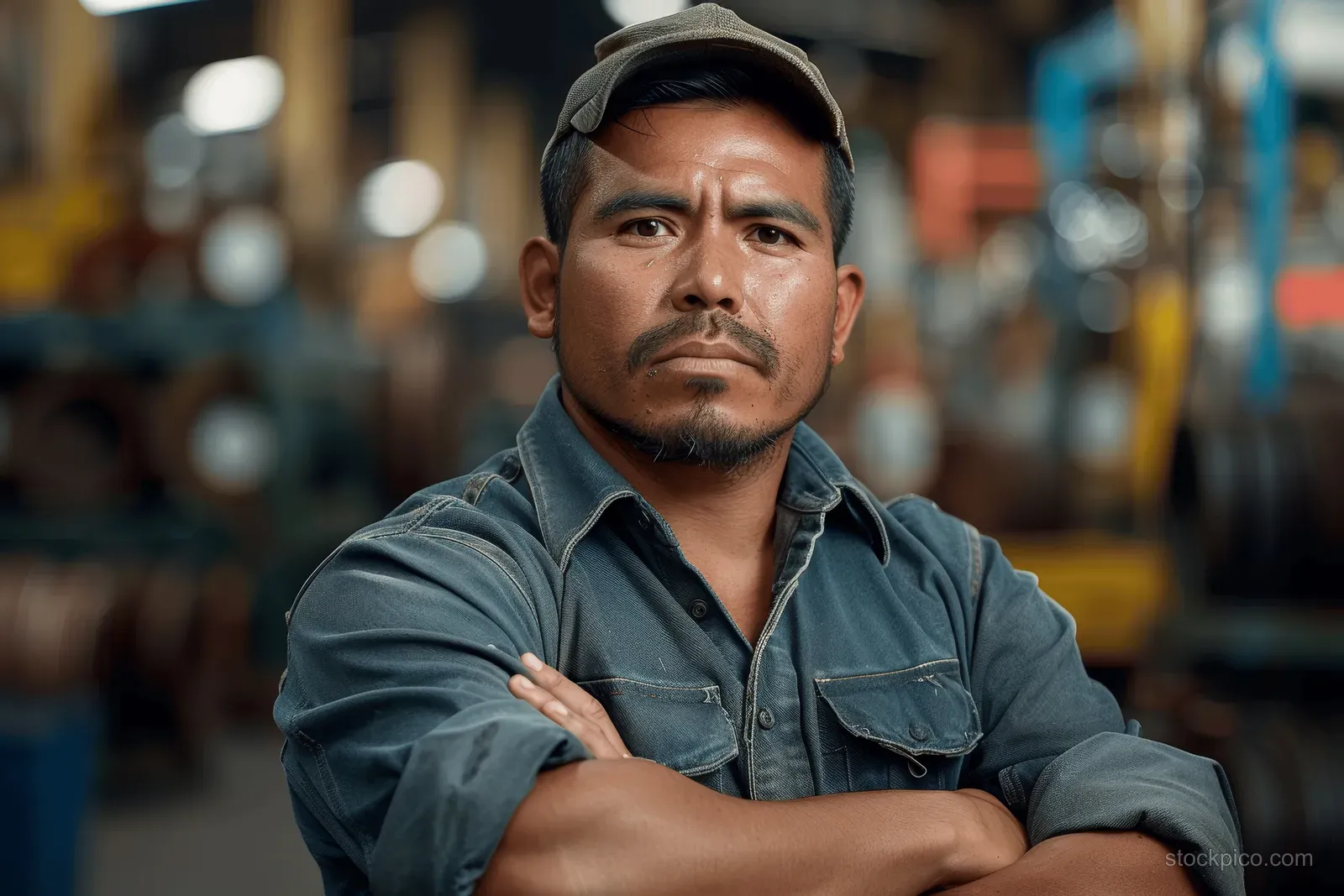 A Hispanic factory worker with arms crossed looks sternly in a workshop with blurred machinery behind.
