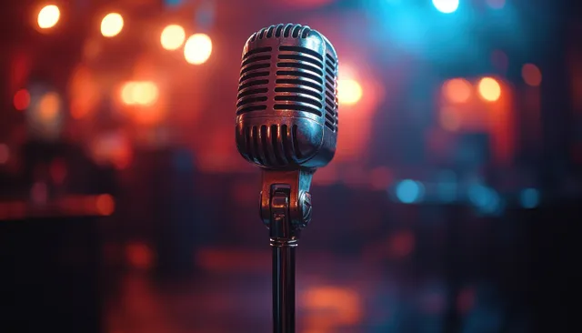 A chrome vintage microphone on a karaoke stage with colorful bokeh lights and blurred jazz club seating behind it.