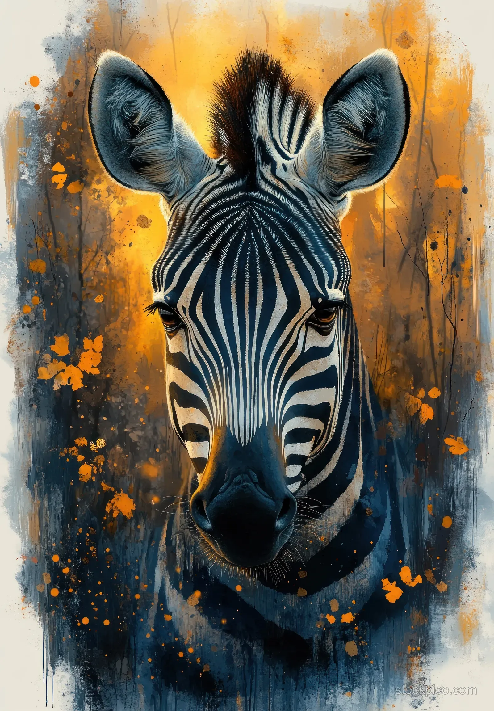 Watercolor zebra portrait facing forward with black-and-white stripes against a warm orange splattered background.