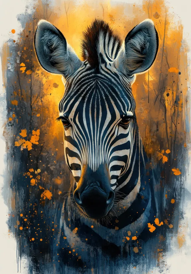 Watercolor zebra portrait with bold stripes, orange splatter background, and soft painted texture