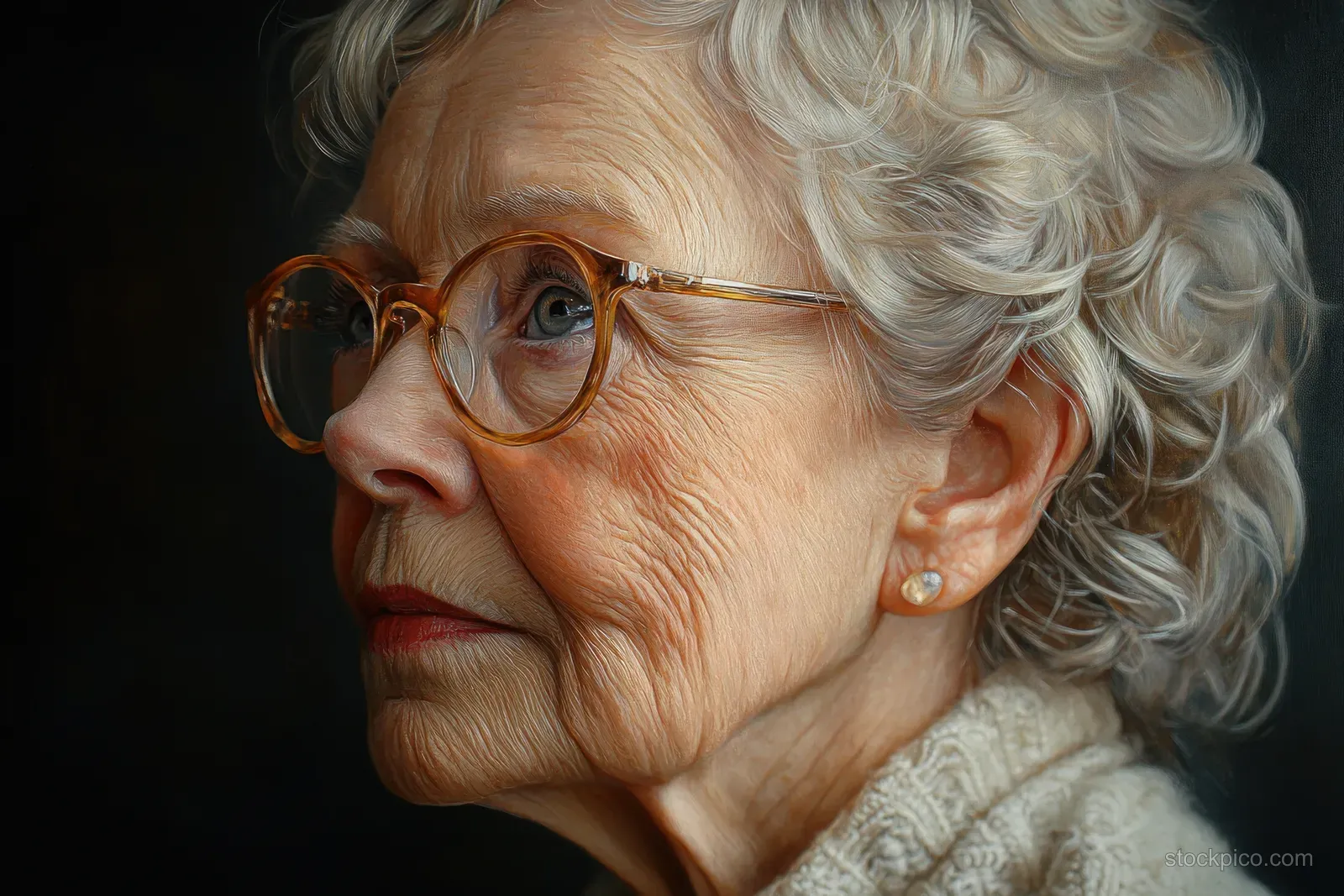 Elderly woman with glasses and a hearing aid looks left in soft natural light.