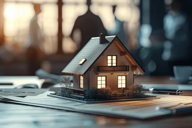 House model on an office table with contract papers and a pen under natural window light.