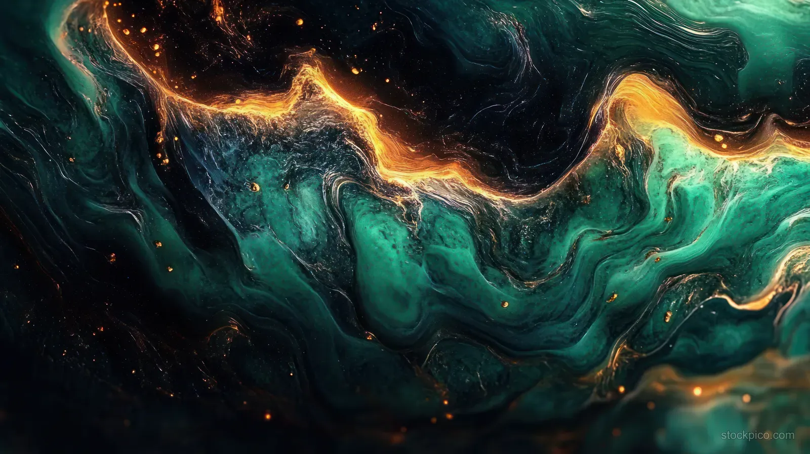 Teal and green marbled fluid swirls with glowing orange-gold highlights and scattered spark-like particles.