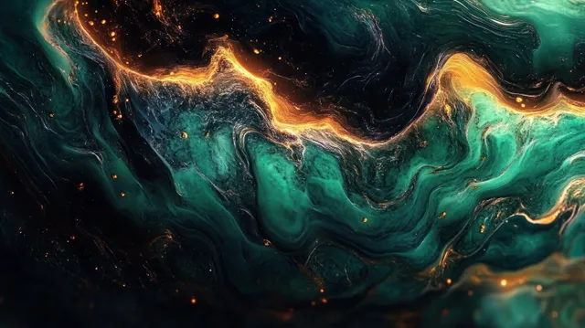 Teal and green marbled fluid swirls with glowing orange-gold highlights and scattered spark-like particles.