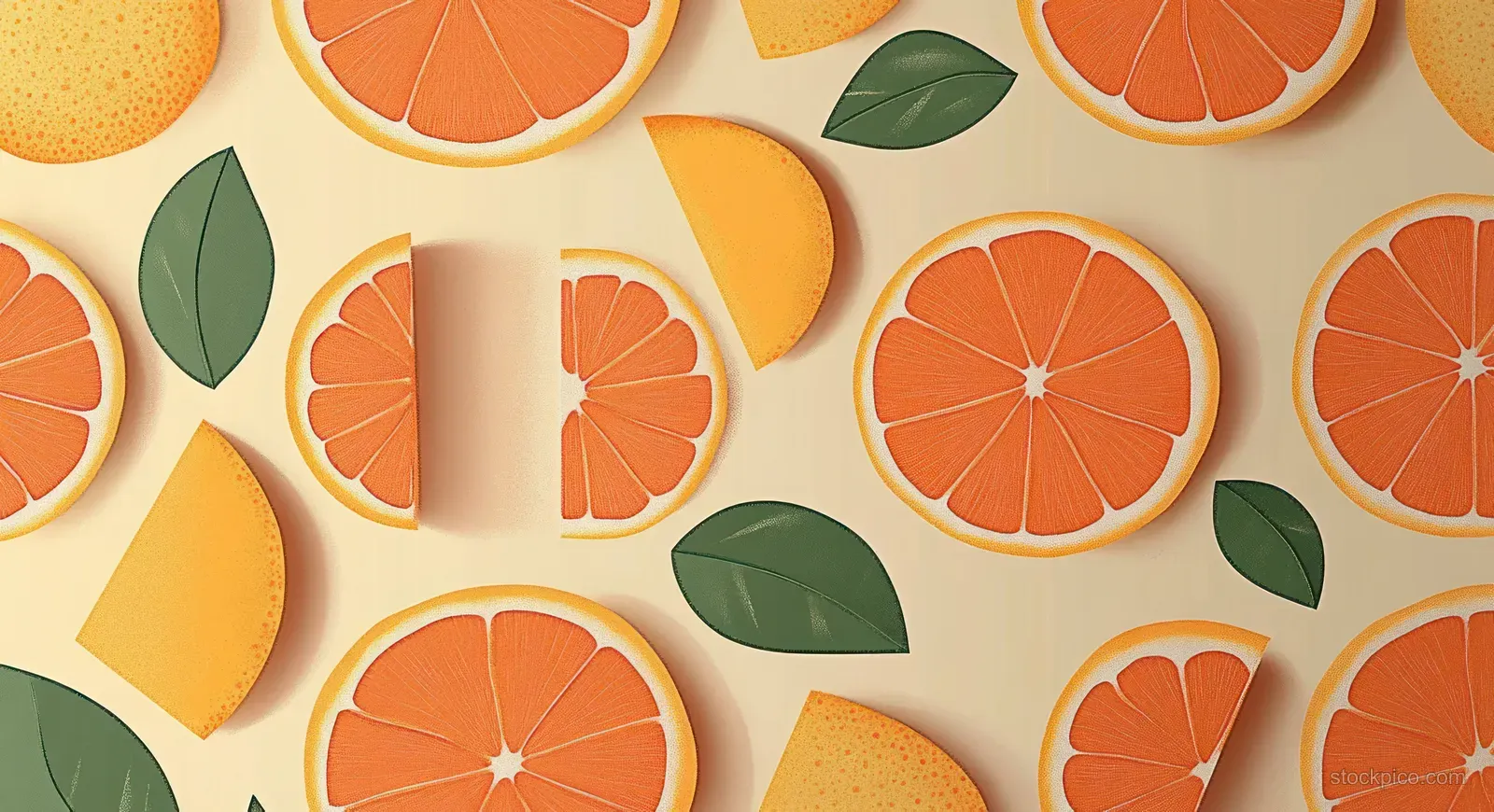 Orange slices with green leaves repeat across a soft beige background in a flat-lay pattern.
