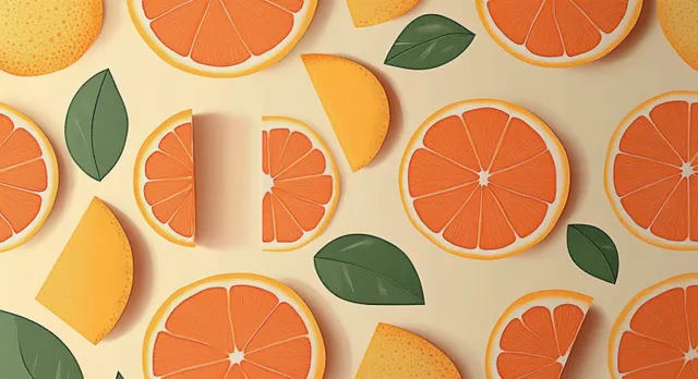 Orange slices with green leaves repeat across a soft beige background in a flat-lay pattern.