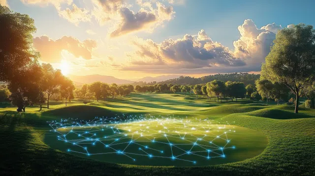 Sunset Golf Course with Glowing Digital Network Across the Grass