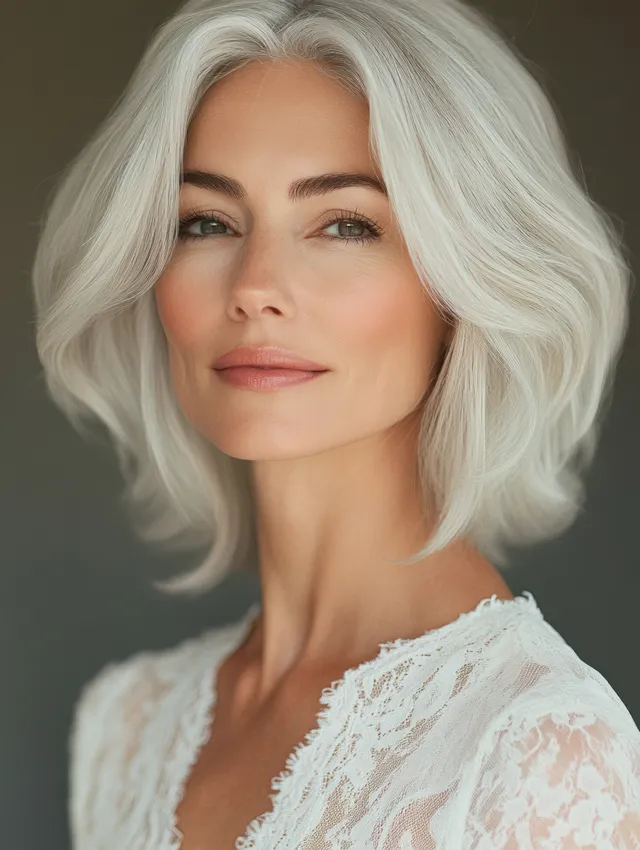 Una mujer madura y segura de sí misma con cabello plateado posa con luz suave, vistiendo un delicado top blanco de encaje sobre un fondo neutro.