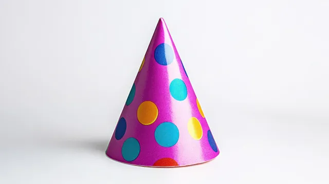 Purple cone party hat covered with multicolored polka dots, isolated on a plain white background.