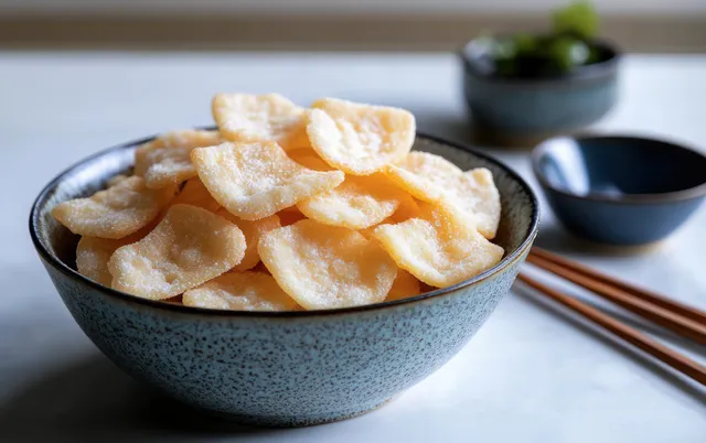 A bowl of light golden rice crackers on a white table with chopsticks and small bowls in the background.