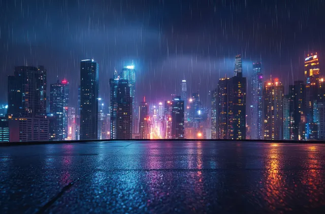 Bangkok night skyline with colorful illuminated skyscrapers reflecting on calm water and an empty street in the foreground.