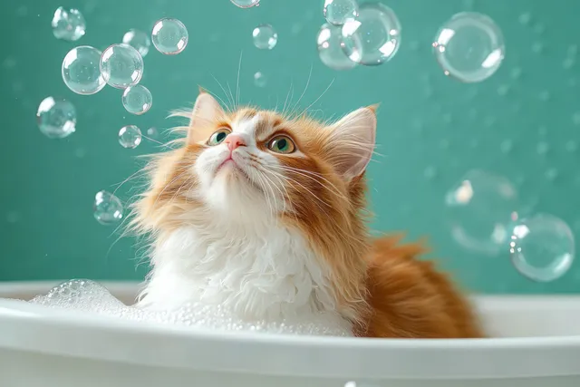 Fluffy orange and white cat sits in a bathtub with soap bubbles floating around, looking up curiously.