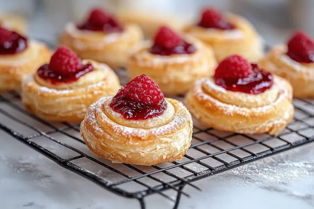 Golden puff pastries with raspberry jam sit on a wire cooling rack, dusted with powdered sugar.