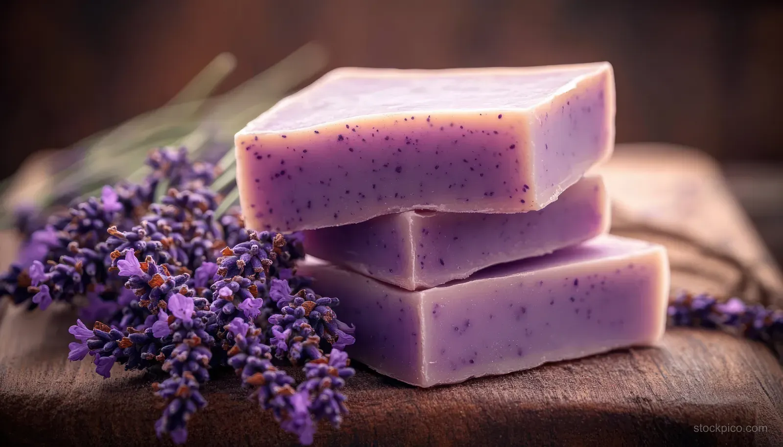 Three stacked lavender soap bars with speckles on rustic wood next to fresh lavender flowers.
