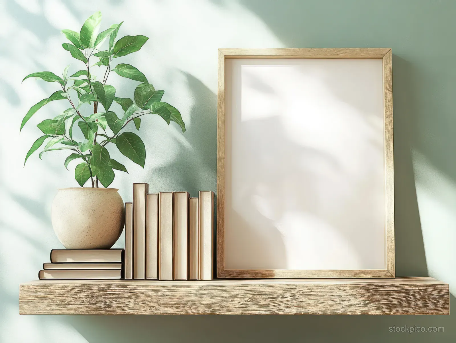 Blank wooden picture frame on a shelf with stacked books and a potted green plant against a neutral wall.