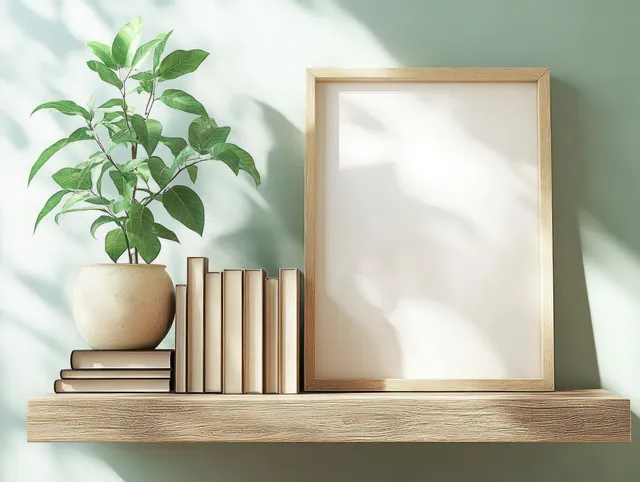 Blank wooden picture frame on a shelf with stacked books and a potted green plant against a neutral wall.