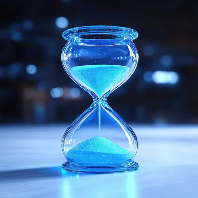 A blue glass hourglass with falling sand sits on a reflective surface amid soft neon bokeh.