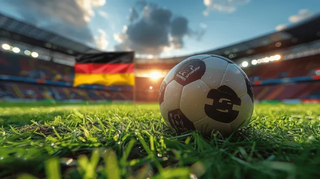 A smiling soccer ball with a German flag hat rests on the grassy pitch under stadium lights.