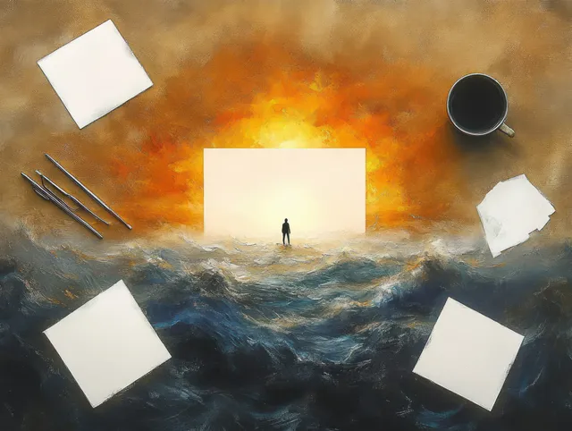 Silhouette stands on stormy ocean with glowing horizon while blank canvases and art tools float nearby.