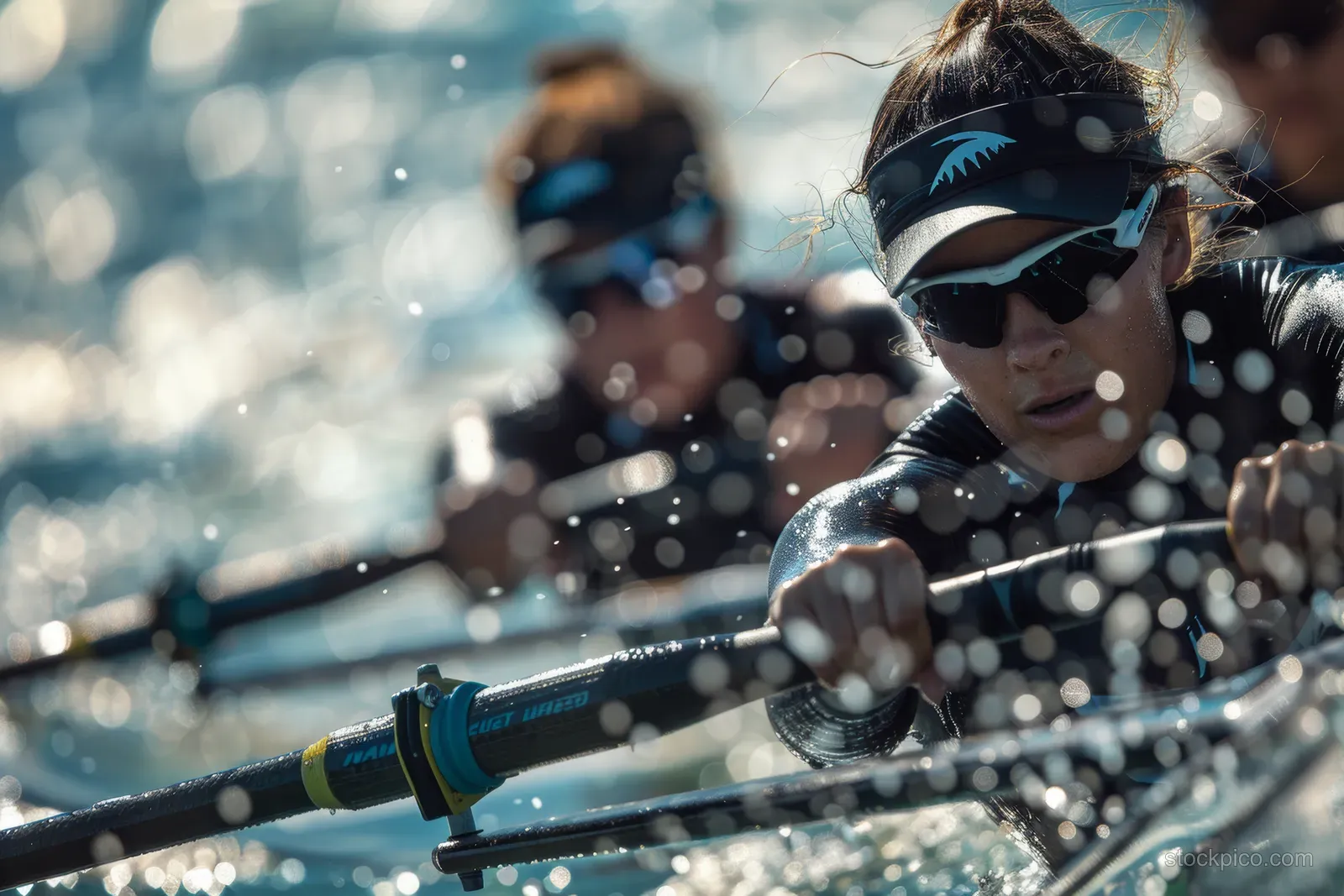 New Zealand women’s double sculls rower grips the oar and drives a stroke while passing through rippled race water.