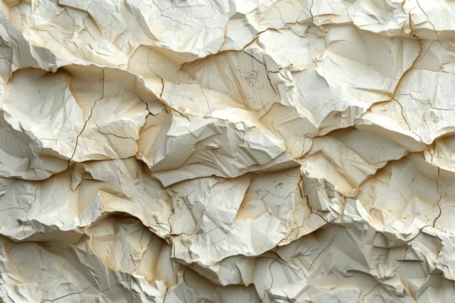 Close-up of a cream crumpled plaster wall texture with beige cracks and weathered highlights.