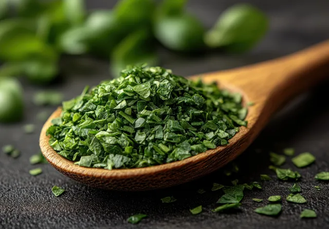 Chopped dried chives scattered from a wooden spoon on a clean white background