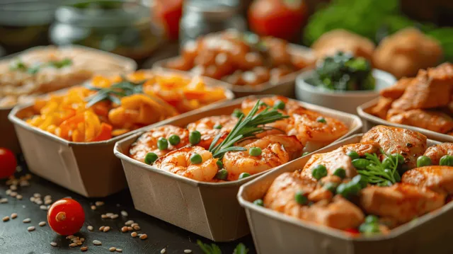Open eco-friendly paper boxes display saucy Asian meals topped with herbs on a table.