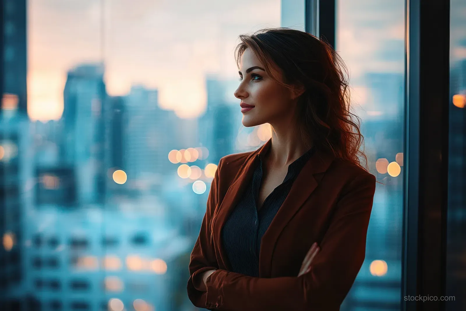 A businesswoman touches a touchpad while standing by an office window with a blurred city skyline behind her.