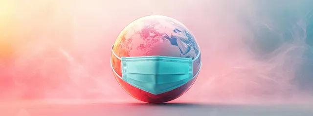 A teal surgical mask rests on a glowing Earth globe with pastel mist filling the background.