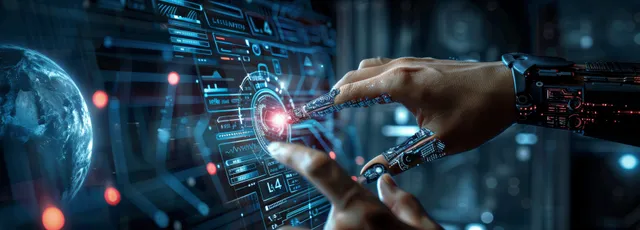 Human Hand Touching Robot Hand on Futuristic Data Interface