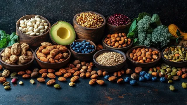 Bowls of nuts and seeds with an avocado half and a drizzle of olive oil on a dark rustic surface.