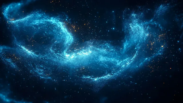 Swirling blue nebula with glowing particles and star specks across deep space background