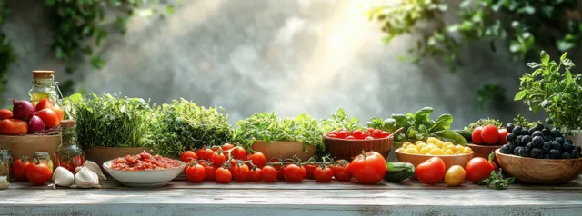 Fresh vegetable salad spread on rustic table with tomatoes, berries, and greens