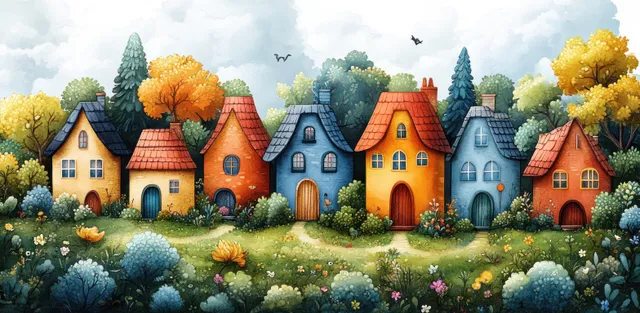 Whimsical watercolor village street with colorful houses, blooming flowers, and bright green trees