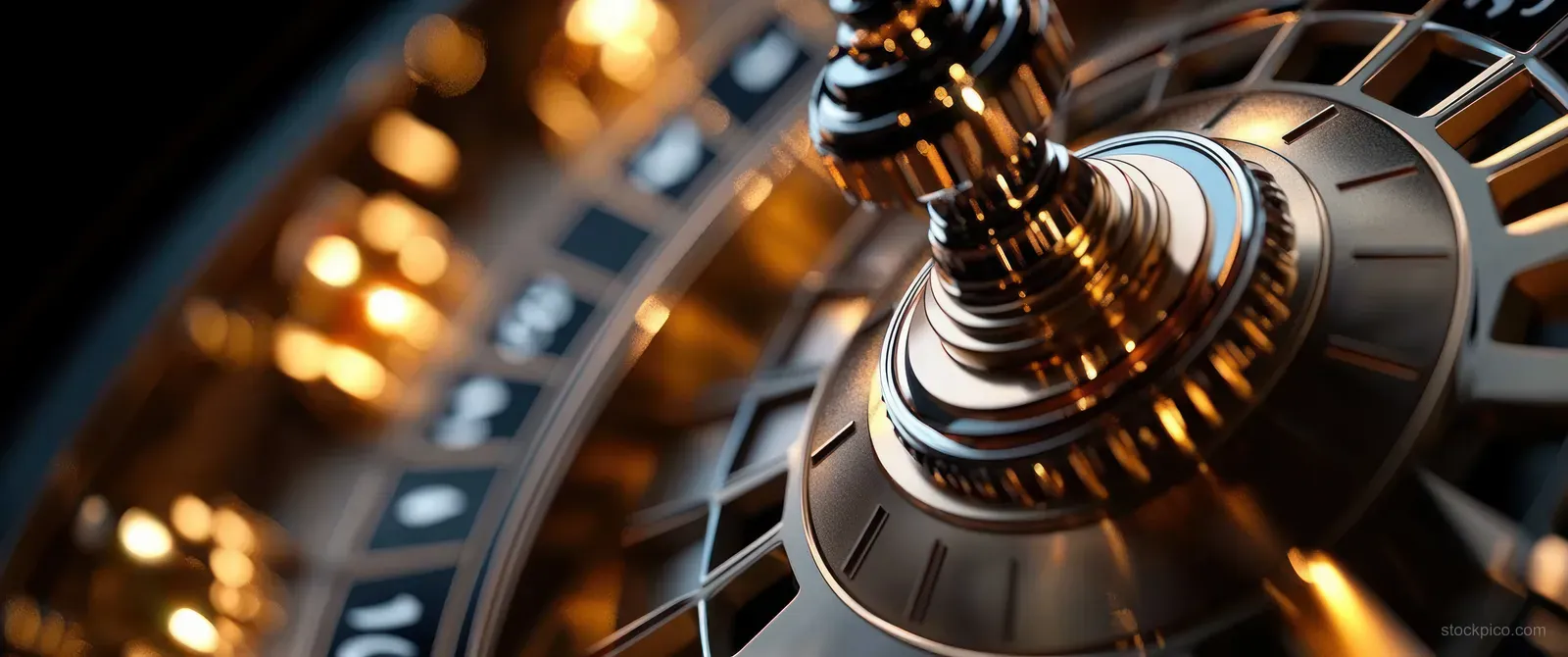 A close-up roulette wheel shows metallic gold numbers and reflective metal under dramatic spotlight with shallow depth of field.