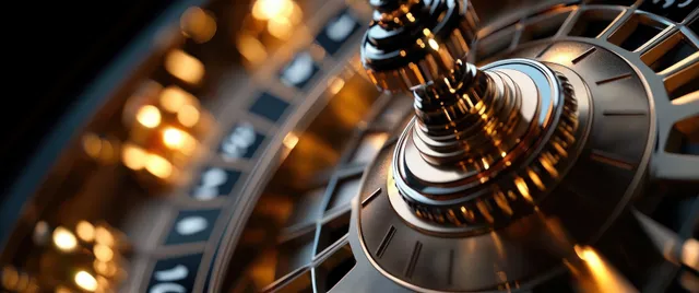 A close-up roulette wheel shows metallic gold numbers and reflective metal under dramatic spotlight with shallow depth of field.