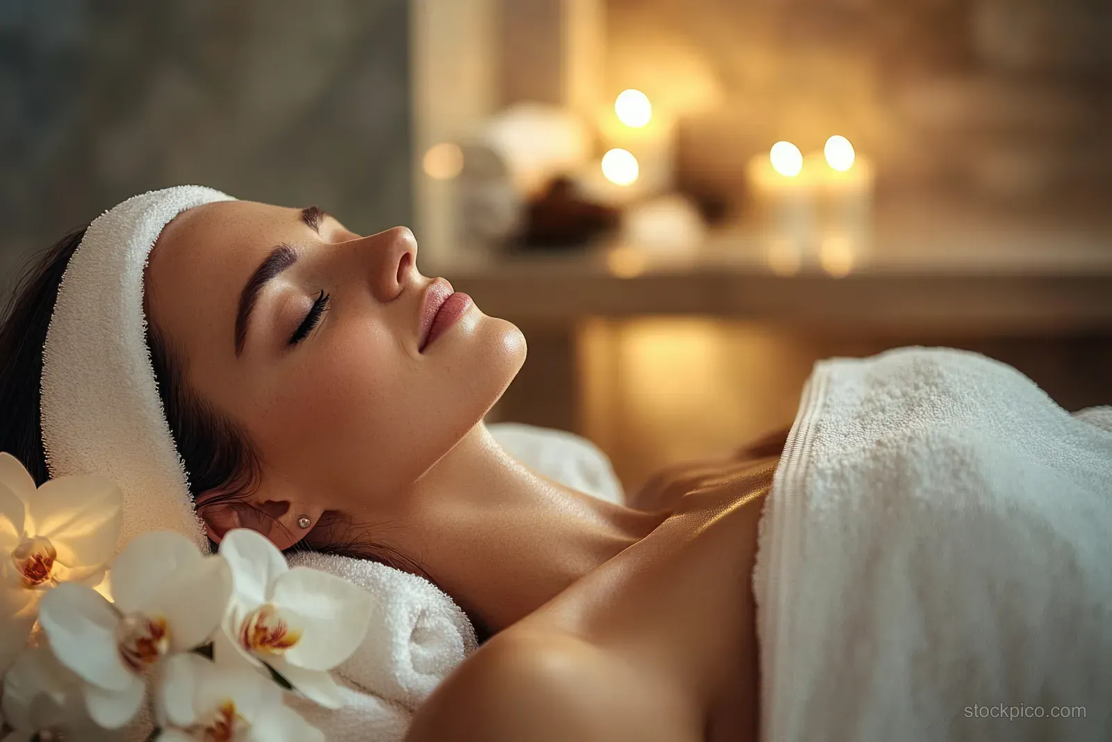 Relaxed woman with closed eyes lying on a spa bed with white towels, orchids, and warm candlelight.
