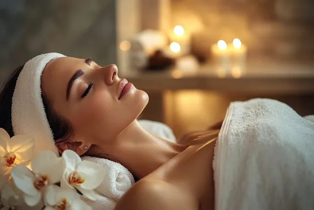 Relaxed woman with closed eyes lying on a spa bed with white towels, orchids, and warm candlelight.