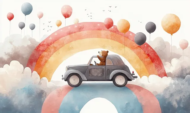 Vintage car drives over rainbow arch while a bear waves from the open top in clouds